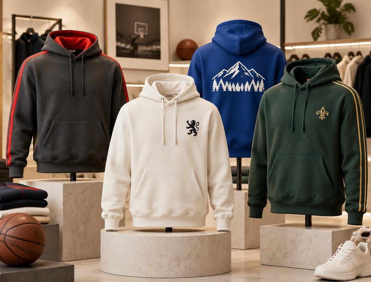 Quatro moletons personalizados em uma loja esportiva